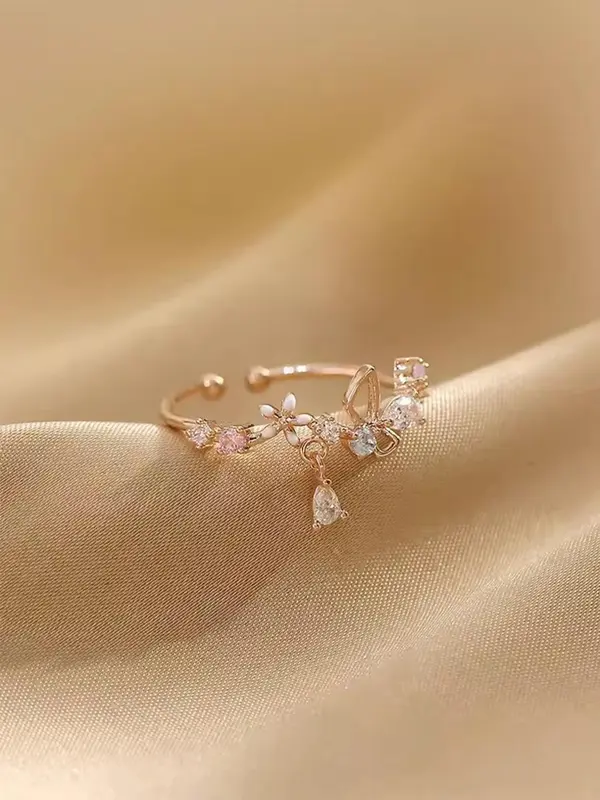 Elegant Rhinestone Inlaid Butterfly Design Cuff Ring As Valentine's Gift, Fashion All-match Accessories for Women & Girls, Matching Jewelry for Girlfriend 5