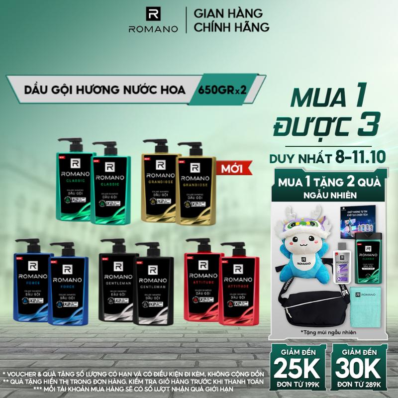 [ĐƠN 199K TẶNG 2 QUÀ] Combo 2 Dầu gội Chăm Sóc Tóc cho nam Romano hương nước hoa Attitude/Gentleman/Force/Classic/Grandiose 650g/chai - 5 Mùi hương có sẵn
