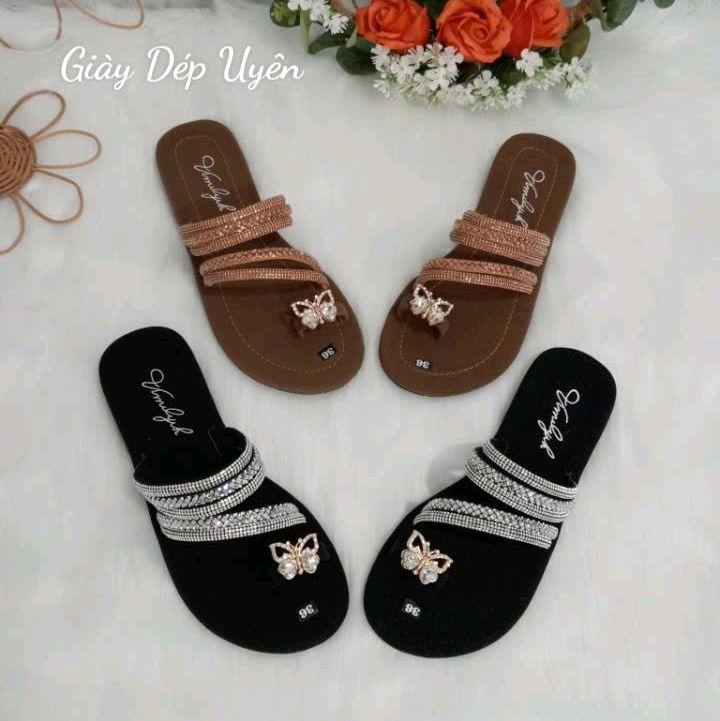 Chọn tăng 1 size Dép Kiểu Xỏ Ngón Quai Xoàn Đính Charm Nơ Đá Thời Trang Thiết Kế Sang Trọng Đế TPR Chống Trơn GiàY DéP Nữ