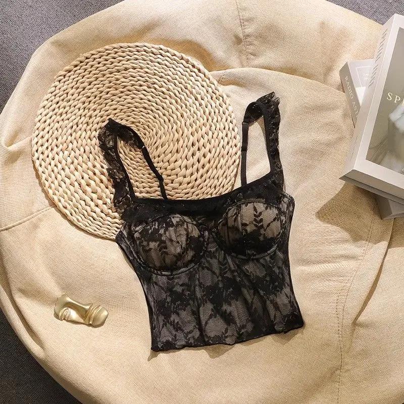 French style interior with chest cushion base, sweet and spicy lace camisole vest, women's outerwear top Womenswear Tube Lingerie Lady Comfort Basic Minimalist Spaghetti Strap