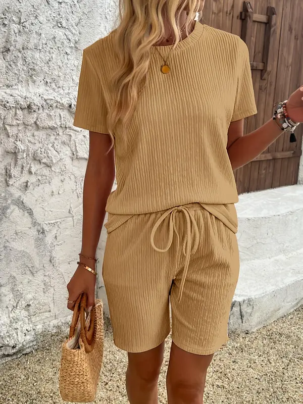Women's Textured Top & Drawstring Waist Shorts Two-piece Set, Casual Short Sleeve Round Neck Top & Elastic Waist Shorts, Summer Outfits Clothes Set for Ladies Outdoor Holiday 1