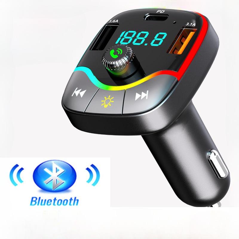 Máy phát FM Bluetooth 5.0 trên ô tô sạc nhanh PD Type-C USB kép 3.1A đèn Xung quanh đầy màu sắc máy nghe nhạc điều chế MP3 rảnh tay