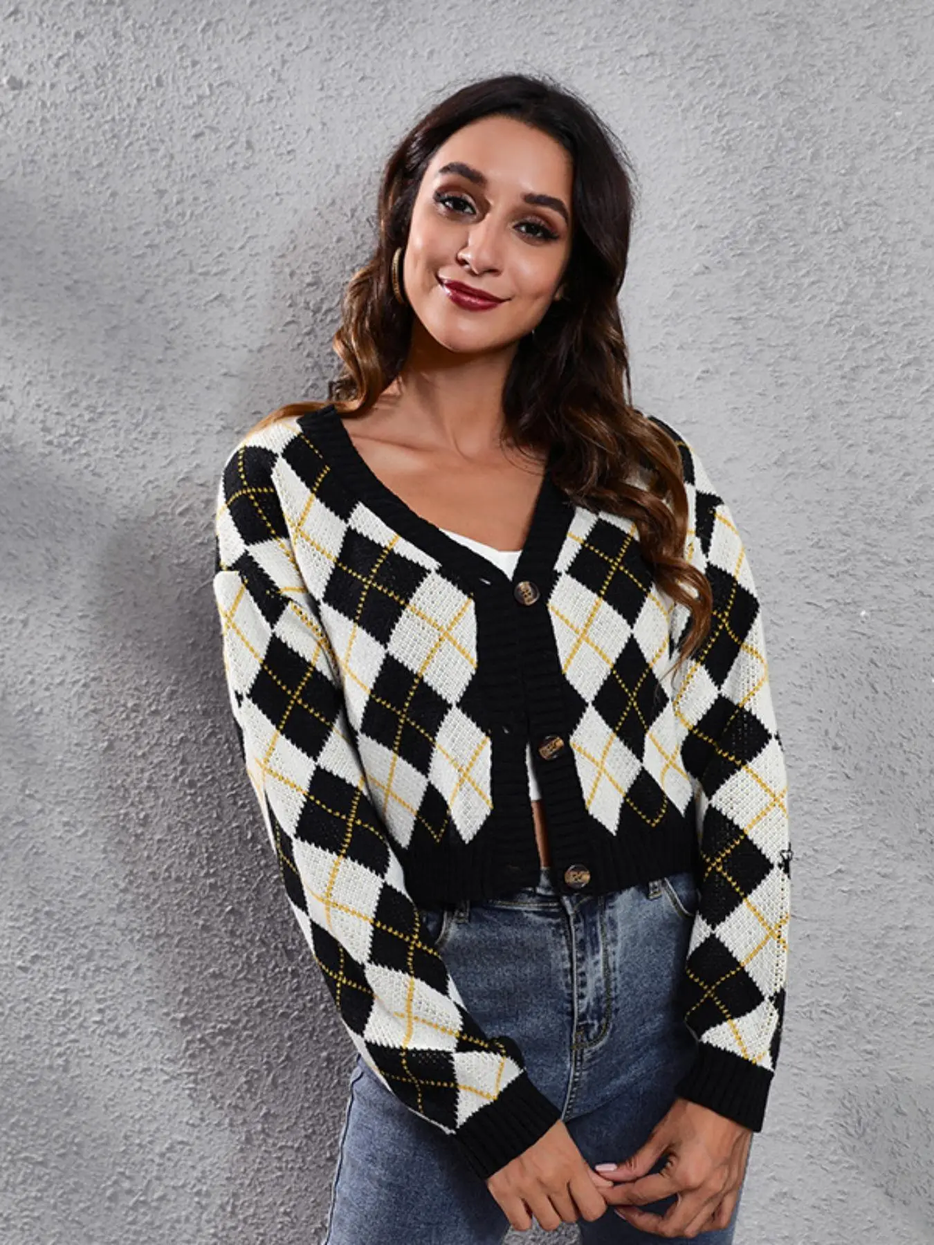 Women's Plaid Print Button Front Crop Cardigan, Casual Drop Shoulder Long Sleeve V Neck Knitwear for Fall & Winter, Women's Knit Clothing for Daily Wear