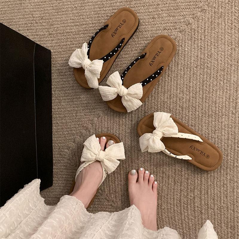 Dép Xỏ Ngón Đế Bằng Thắt Nơ, Phong Cách Cổ Điển, Dép Nữ Mùa Hè, Có Thể Mặc Ngoài Trời, Hàng Mới Về 2024, Phổ Biến Với Váy, Dép Chống Trượt 5
