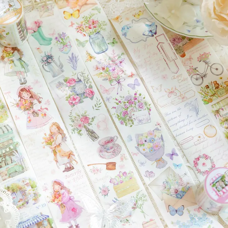 Cute Watercolor Flower & Girl Pattern Washi Tape, Waterproof Self Adhesive Decorative Sticker, DIY Decorative Supplies for Scrapbooking & Journal Making and Gift Wrapping 8