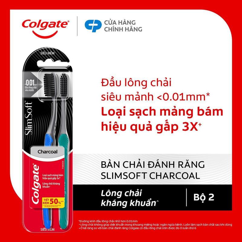 Bộ đôi bàn chải đánh răng Colgate than hoạt tính kháng vi khuẩn SlimSoft Charcoal mềm mảnh