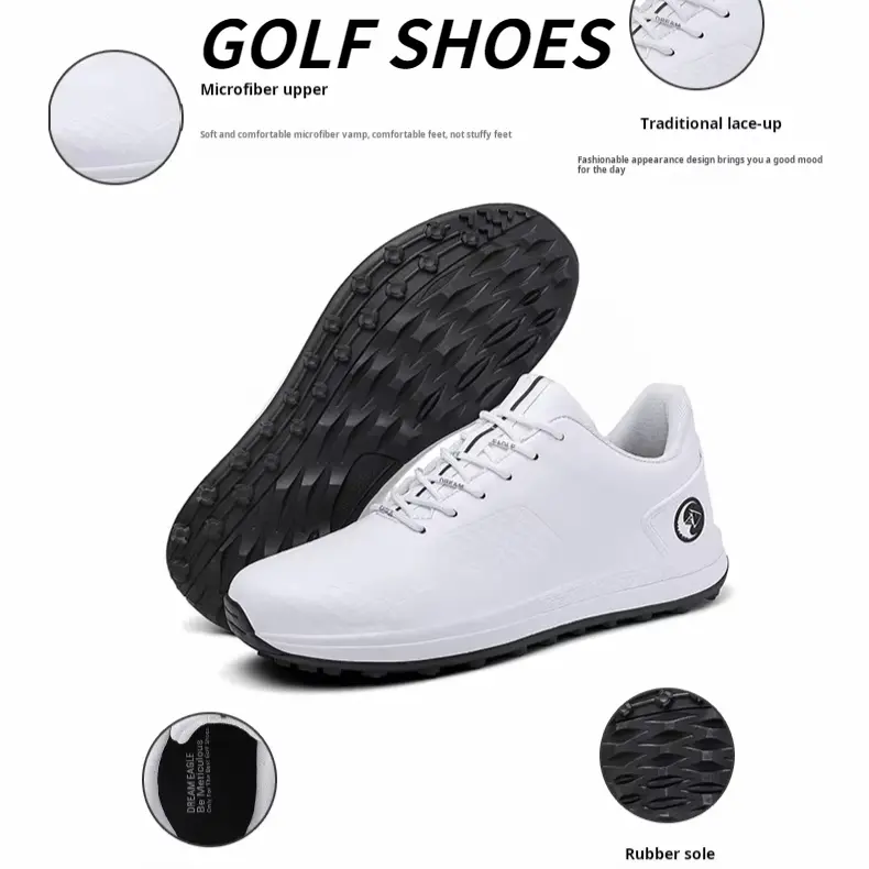 Professional White Golf Shoes Spikeless Men Waterproof Leather Sports Shoes Lightweight Comfortable Non-slip Golf Shoes Outdoor Training Golf Shoes