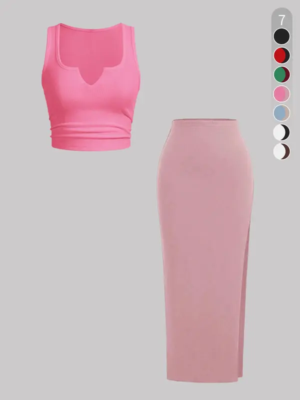 Two-Piece Set Women's Solid Ribbed Crop Tank Top & Side Split Skirt, Casual Sleeveless Top & Long Skirt for Daily Wear, Ladies Clothes for All Seasons, Polish 4