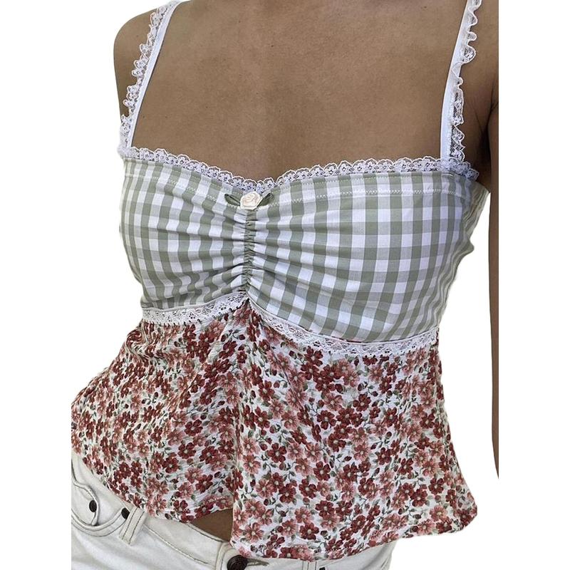 coat, Women Plaid Floral Print Camisoles Lace Trim Sleeveless Sling Tank Tops Summer Slim Fit Vests Crop Tops Streetwear 4