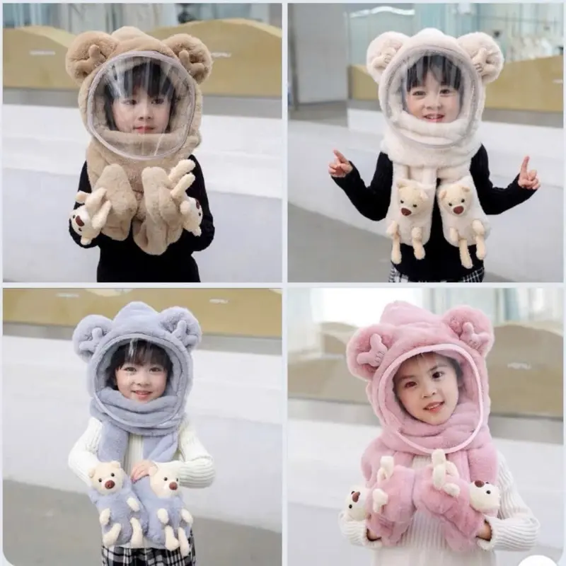 Mũ Len Trùm Đầu Tai Gấu Có Kính Chắn Gió,Bụi,Kèm Bao Tay Con Gấu,Chất Liệu Lông Thỏ Dày Dặn Mềm Mịn[Tay Gấu Có Kính] 1