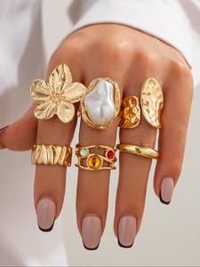 Women's Elegant Faux Pearl Decorated Ring, Vintage Flower Design Ring, Fashion Accessories for Women & Girls