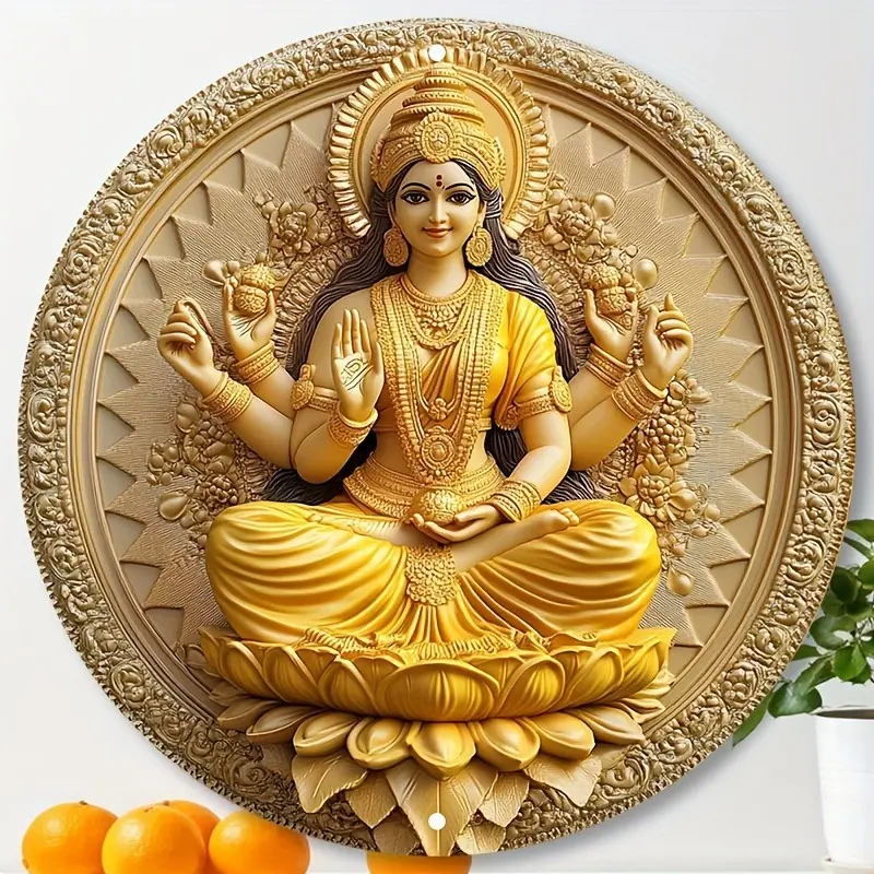Contemporary Goddess Lakshmi Aluminum Wall Hanging Sign, 20x20cm/30x30cm Round Religious Themed Decor for Home, Farm, Kitchen, Living Room, Bar, Door, Wall, Table
