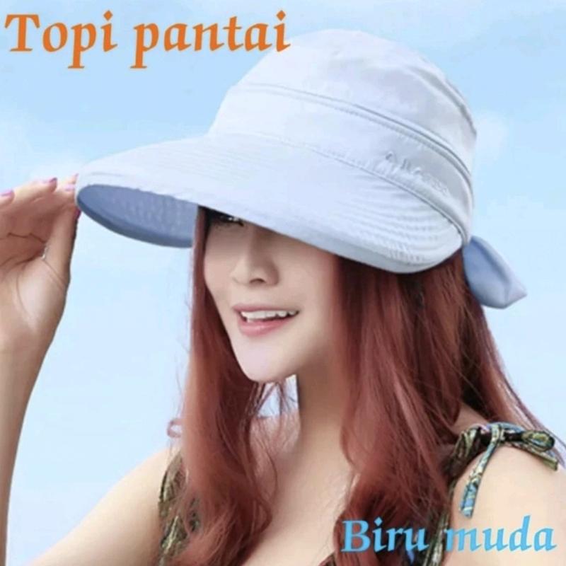 topi pantai wanita lebar tutup kepala bisa di lepas varian 6 warna- import 6