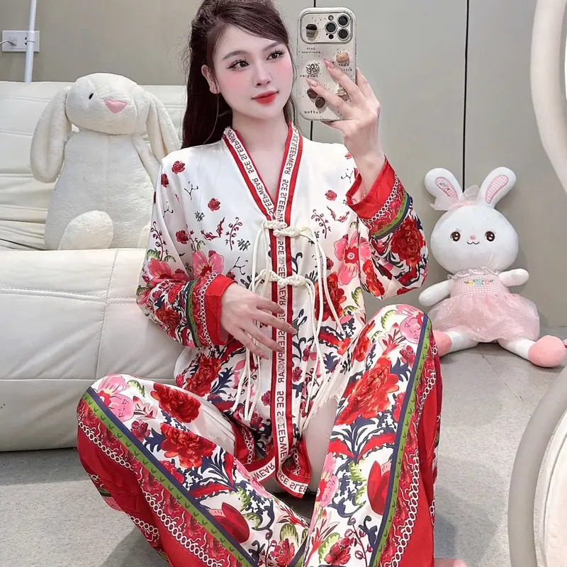 Đồ bộ pijama tay dài (40-60kg), vải latin tơ tằm cổ y nút thắt