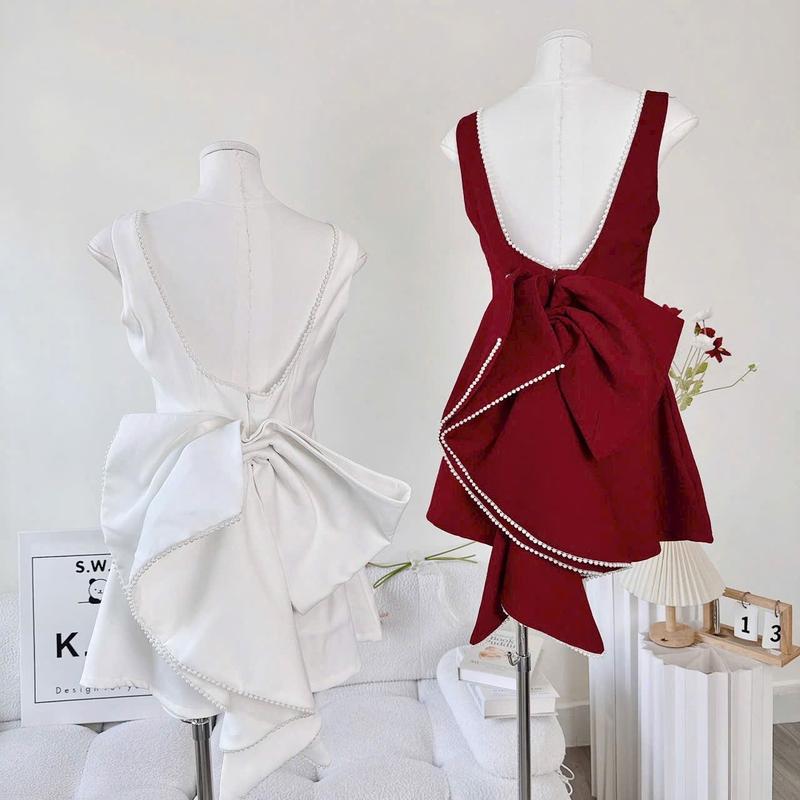 Product Introduction of ( Sam’s Clothing ) Đầm nữ hở lưng đính nơ to viền dây ngọc dáng ngắn xinh xắn Women 13