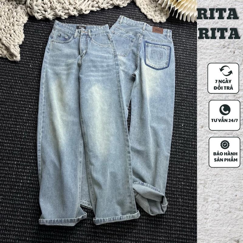 (RITA JEAN) A33 Quần Ống Xuông Lưng Cao Màu Xanh Nhạt Ép Kiểu Nổi Túi Sau dài 100cm vải QC Mềm Không Giãn Trơn Lai Cuốn 555 RiTa