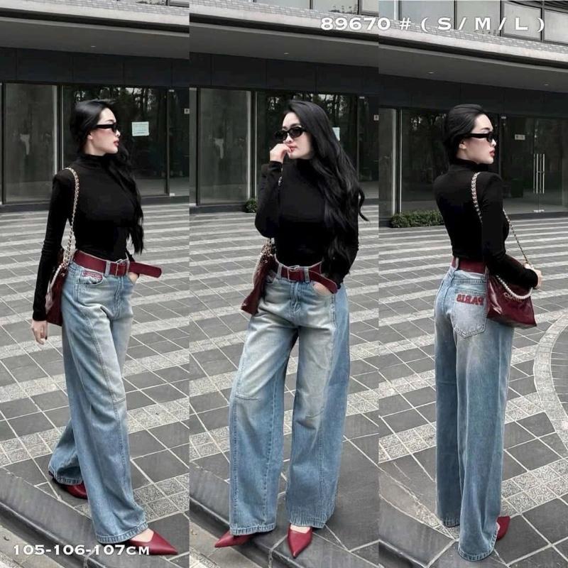 TATTA Jeans |  #89670 Quần Jeans Xuông Baggy 103cm Đai Đỏ In Chữ Đỏ Túi Sau Hàng QCCC Nữ Women Pants
