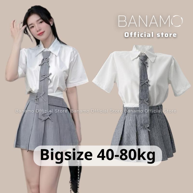 Set nữ BIGSIZE Banamo Fashion bộ 4 món áo sơ mi thô mềm kèm cà vạt đính nơ phối chân váy xếp ly có đai siêu xinh 1904 Women Top