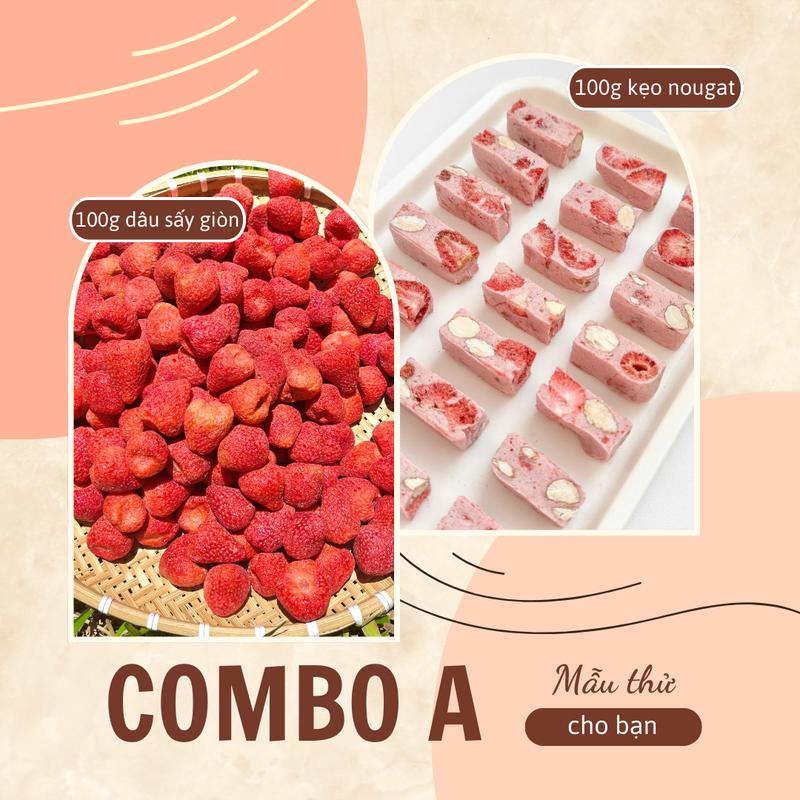 [T39] Combo A Gồm 100g Dâu Sấy Giòn 100g Kẹo Nougat Kẹo Hạnh Phúc Xmas Tết Thơm Ngon Ăn Vặt Food sua chua kẹo  dẻo Candy Snack