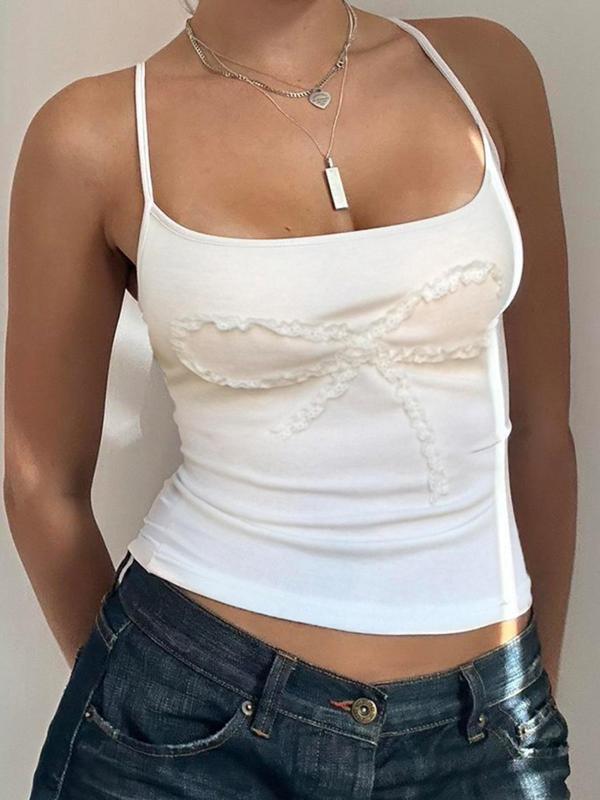 Women's Plain Contrast  Lace Backless Cami Top, Casual Spaghetti Strap Top for Summer, Ladies Clothes for Daily Wear 0