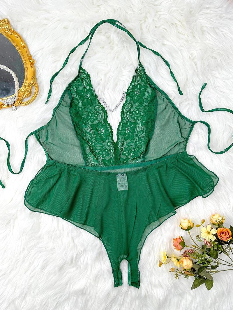 Product Introduction of Plus Size Floral Lace Backless Halter Cami Sleep Bodysuit, Plus Elegant Comfy Chain Decor Cut Out Tie Back Deep V Neck  Sleep Bodysuit for Women, Women's Plus Sleepwear for All Seasons 2