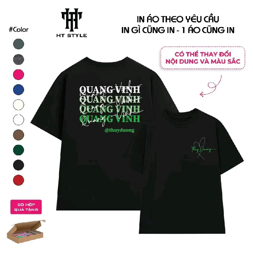 Áo thun đôi in tên, chữ ký, ngày kỷ niệm cotton 100% kèm hộp quà tặng người yêu, bạn bè, người thương Cổ Tròn Đen Nam Tim