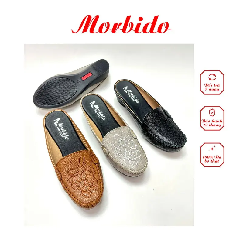 Giày Sục Nữ Thêu Hoa - Dép Sục  Da Bò Thật Đế Xuồng 4cm Morbido M509 3