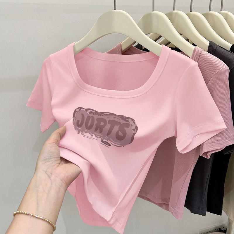Áo Thun Cổ Vuông Ngắn, Cô Gái Nóng Bỏng Thuần Khiết, ngắn Tay Áo Nữ, Bó Sát Vừa Vặn, Áo Dễ Phối Đồ Thích Hợp Cho Năm 2025 Top Women 4