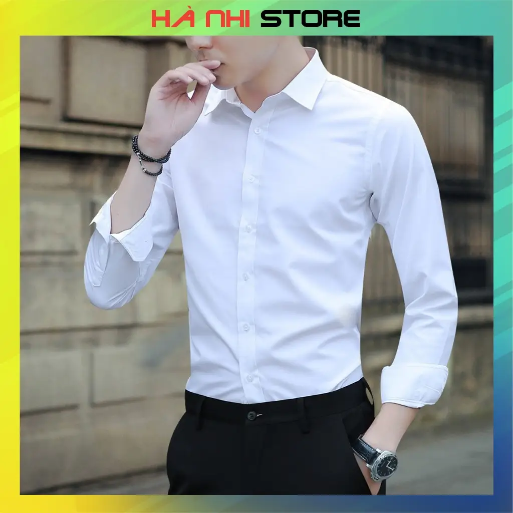 Áo sơ mi nam tay dài, công sở dáng ôm, chất liệu vải lụa thái, chống nhăn chống xù, co dãn nhẹ - Hà Nhi Store Menswear
