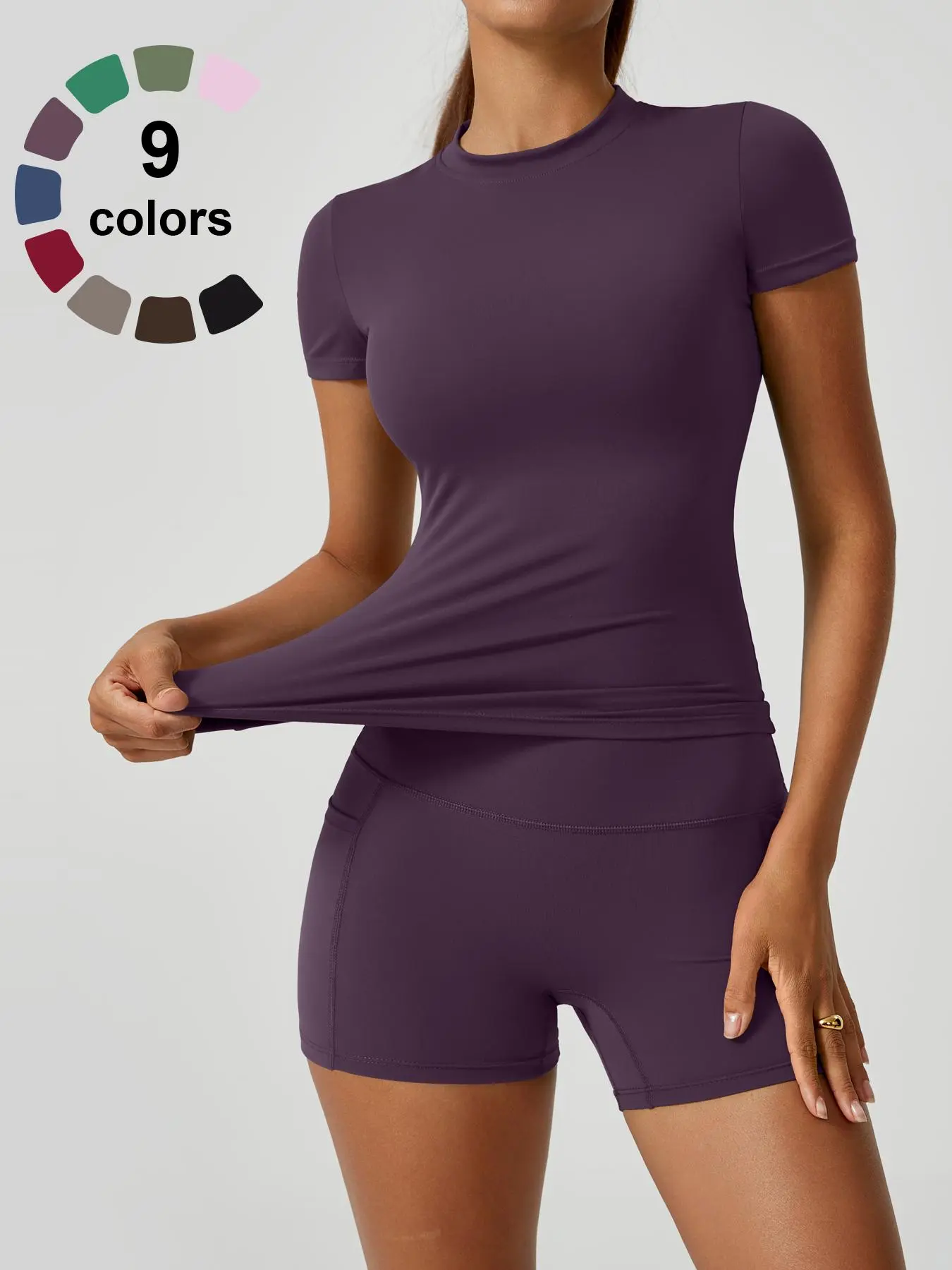 Two-Piece Set Women's Solid Tee & High Waist Shorts Sportswear Set, Casual Sporty Short Sleeve T-Shirt & Skinny Shorts, Ladies Summer Sportswear for Gym Workout Running, Activewear, Workout Sets Women