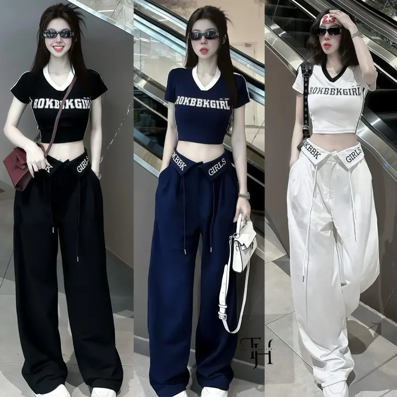 Sét áo cổ tim crtop in ROK cộc tay mix quần xuông cạp bẻ thêu dáng dài ống rộng THUHOANG4994 - Nữ- Sport