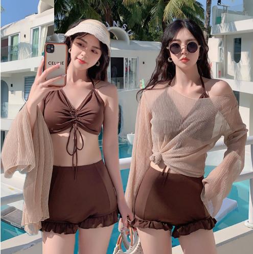 Bikini đi biển 2 mảnh quần đùi, Set bikini buộc dây có áo choàng tắm
