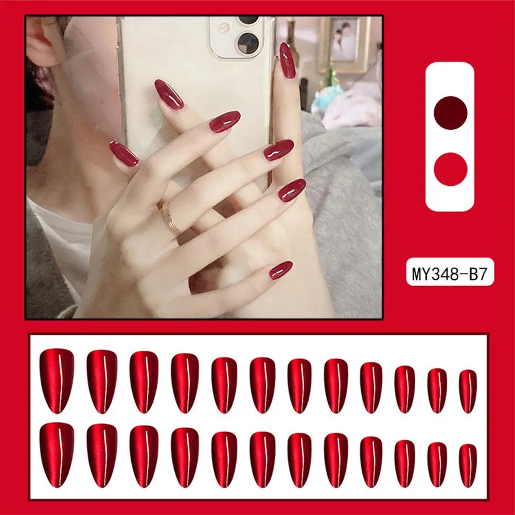 10PCS Red Cat Eye Handmade Press On Solid Color Nails Fake Nails