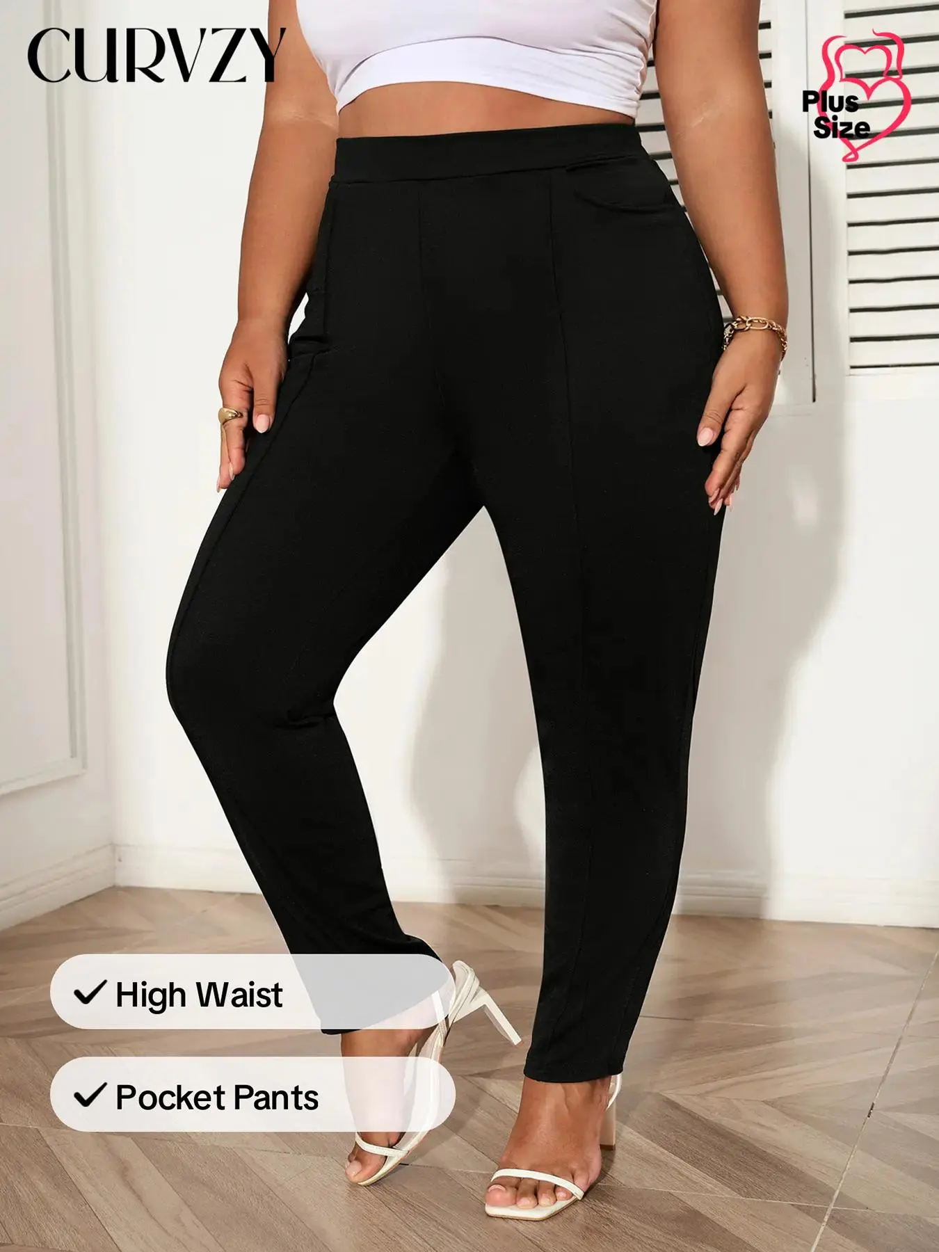 CURVZY Plus Size Autumn Aesthetic Solid Color High Waist Pocket Pants, Minimalist Casual Comfy Stretchy Trousers, Women's Plus Bottoms for Summer & Autumn, Fall & Winter Clothes