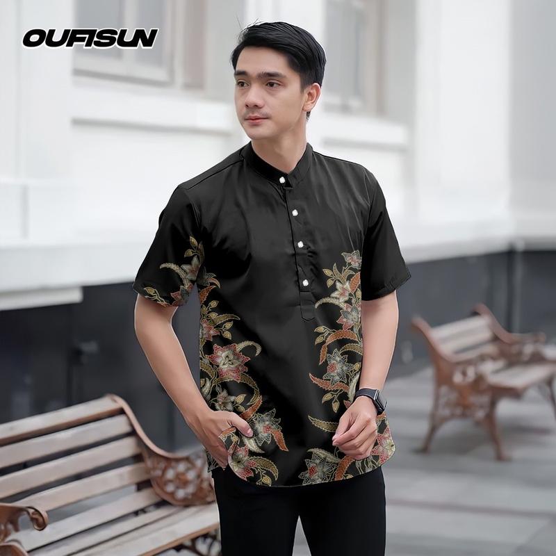Product Introduction of Koko Kurta Shirt Raya 2025 Ramadan Festival Batik Men's Top Slim Fit 3D Printed Pattern Stand Collar Short Sleeve Henry Shirt Men's Formal Shirt 2
