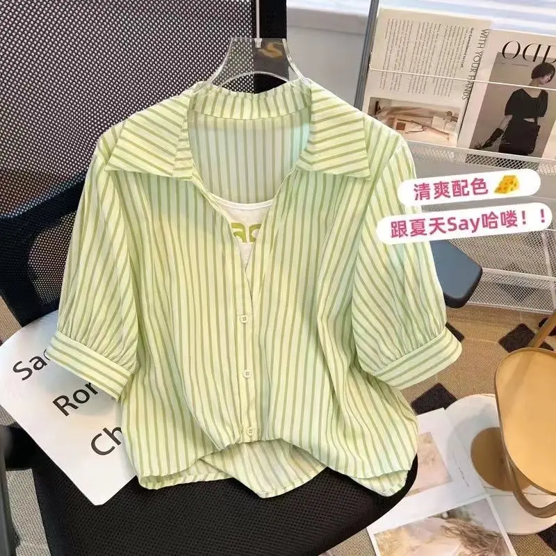 Áo Voan ngắn Tay Áo, Thời Trang Nữ, Áo Sơ Mi Sọc Hai Mảnh, Phong Cách Phương Tây, Áo Sơ Mi Nhỏ Bộ Sưu Tập Mùa Hè Mới Năm 2024