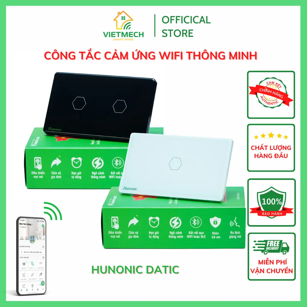 Công tắc cảm ứng Wifi Hunonic Datic thế hệ mới | Điều khiển đèn từ xa qua điện thoại, thay thế công tắc cơ truyền thống thành công tắc thông minh