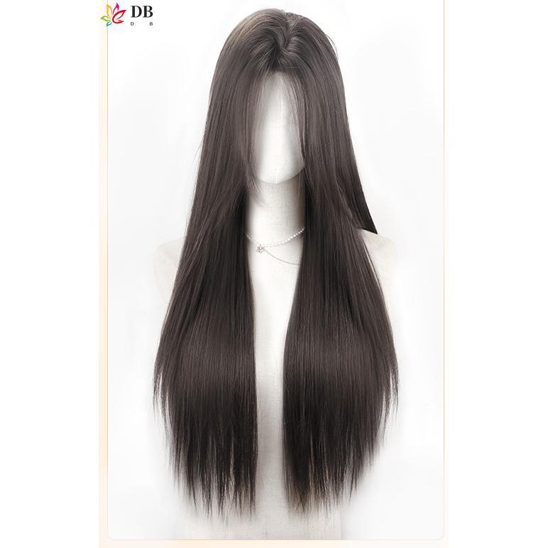 Wig renda dahi untuk wanita dengan rambut lurus panjang gaya rambut kepala penuh belahan tengah alami set wig kepala penuh lurus panjang hitam 4