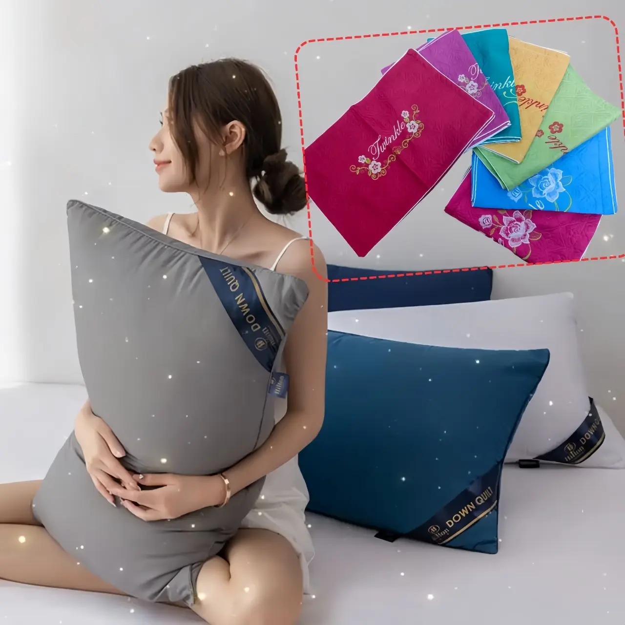 Combo 2 Gối + 2 vỏ Twinkle trần bông cao cấp Họa tiết thêu hoa sen