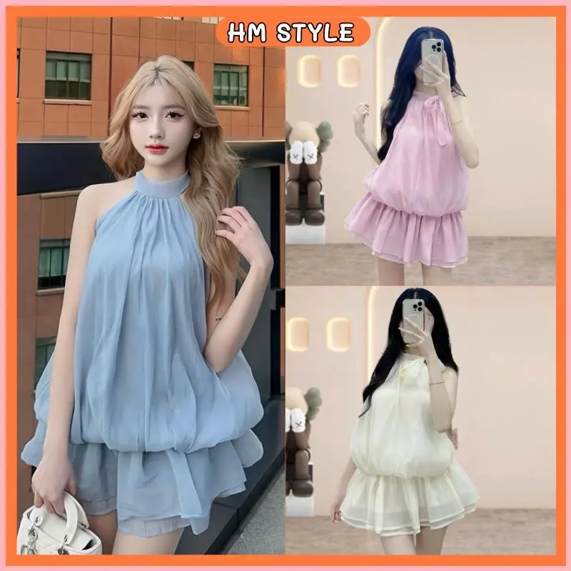 JODEHSHOP Set áo yếm dáng bí nhún eo chun bồng xoè hở lưng kèm quần rời, set bộ đồ nữ đi biển dáng yếm chất tơ xốp HB909