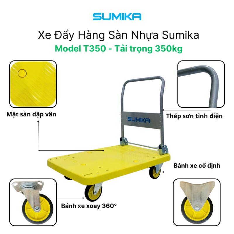 Xe đẩy hàng sàn nhựa PP SUMIKA T350, tải trọng 350kg, màu vàng, bánh xe nhựa PU đàn hồi 5