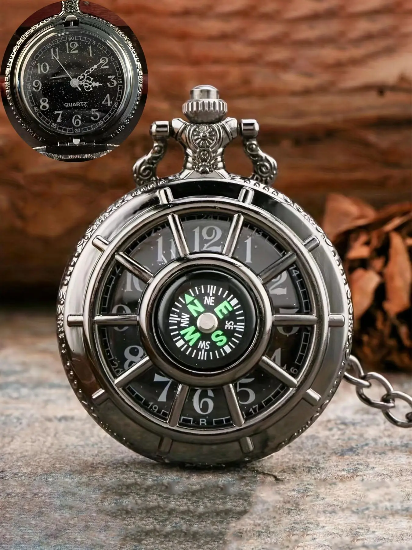 Men's Vintage Style Hollow out Design Quartz Watch, Round Dial Chain Strap Pocket Watch, Gift for Men, Boyfriend