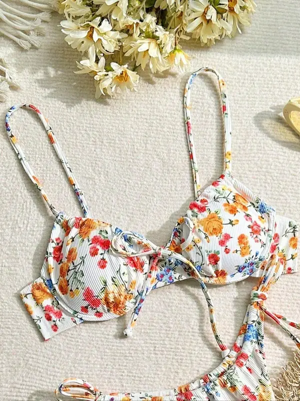Women's Floral Print Ribbed Bikini Set, High Stretch Casual Fashion Spaghetti Strap Tie Front Backless Swim Top & Tie Side Swim Bottom Two-piece Swimsuit for Beach Holiday Vacation, Bikini Top Trunks 7