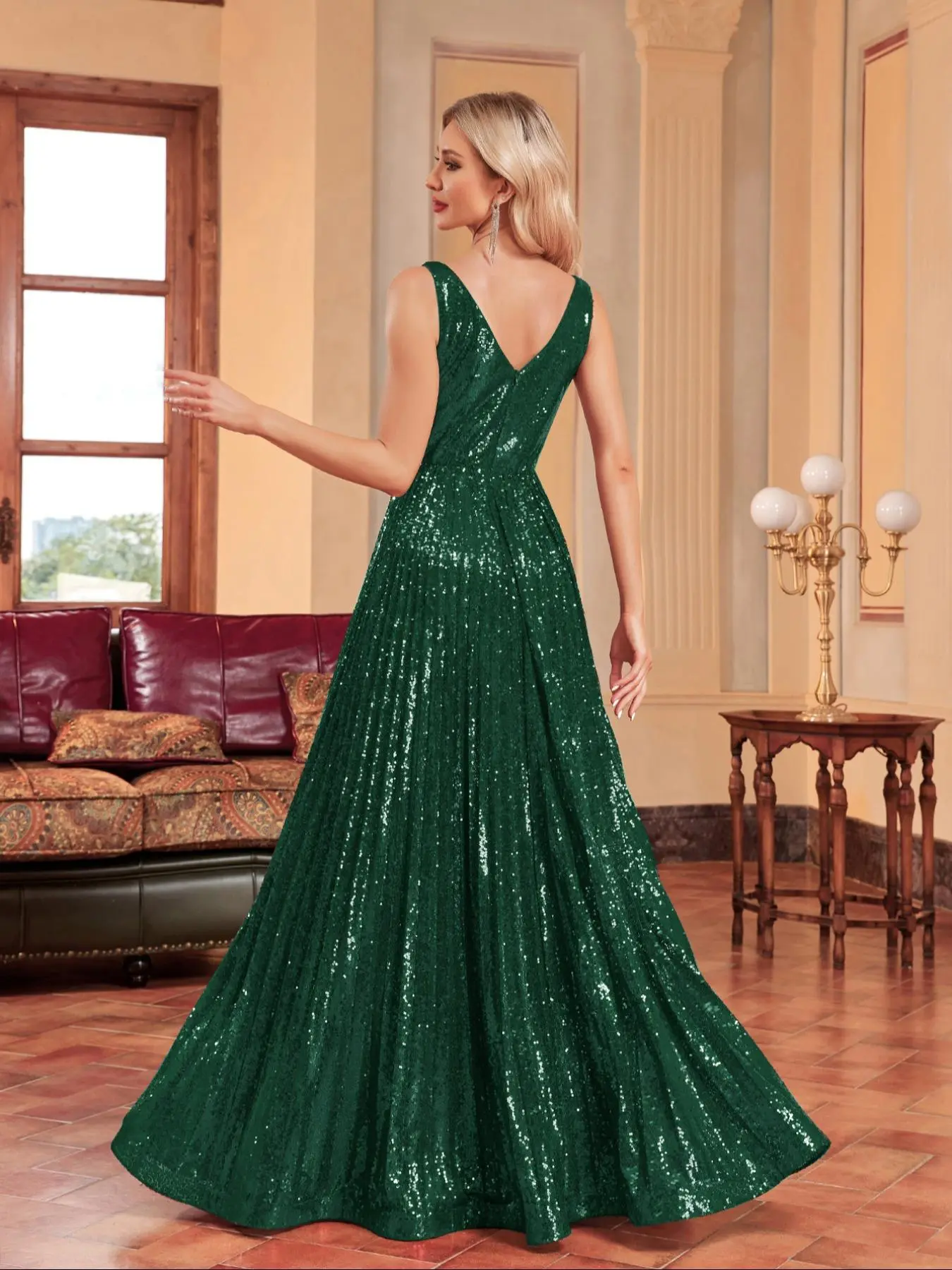 Women's Contrast Sequin Backless Pleated Evening Dress, Elegant Deep V Neck Sleeveless Maxi Dress for Party Banquet, Ladies' Clothes for Summer