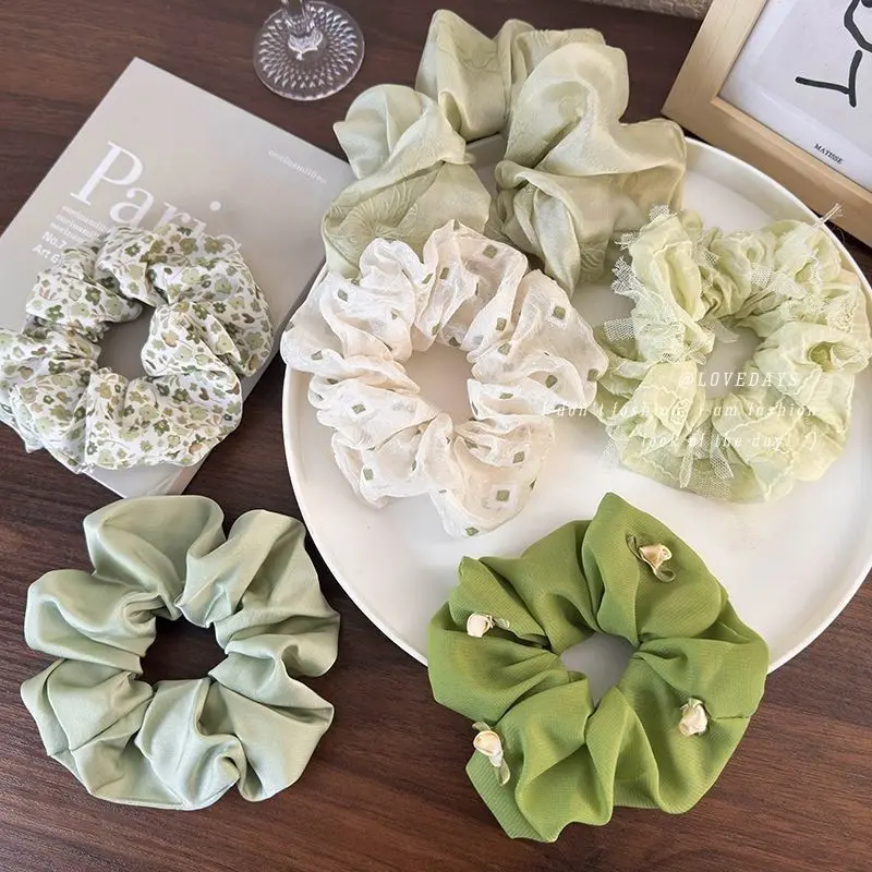 Scrunchie Dây Buộc Tóc, Phong Cách Xanh Lá Cây, Dây Buộc Tóc Ren Hoa, Băng Đô Women Nữ Women Nữ