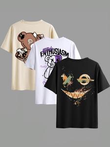 Men's 3pcs Cartoon Graphic Print Round Neck Tee, Regular Fit Casual Short Sleeve T-shirt for Summer, Men's Top for Daily Wear