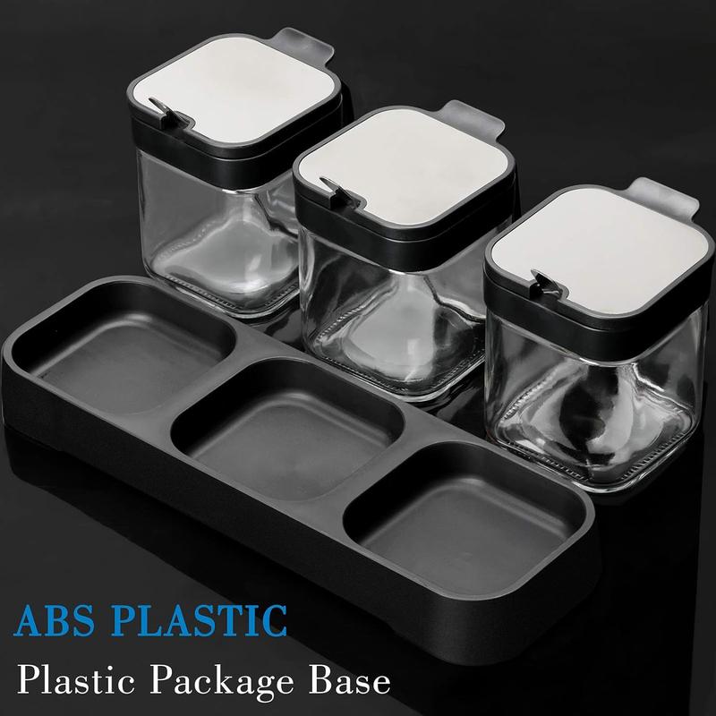 Clear Glass Condiment Canisters Pots, 1 Set Including 3 Counts Condiment Jar Spice Container with Lid & 3 Counts Spoon, Seasoning Box Set for Kitchen Cooking 2