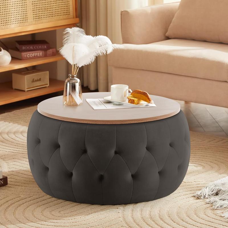 TikTok Shop Round Storage Ottoman Coffee Table Velvet Large Ottoman with Wooden Lid Tufted Footstool Bench Circle for Living Room Bedroom Grey