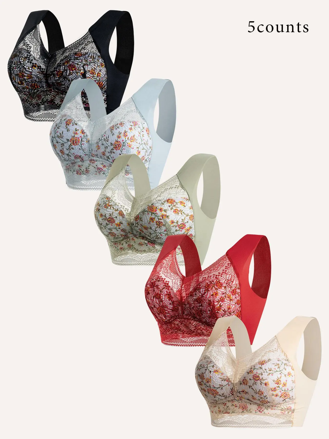 Women's Ditsy Floral Print Lace Bra, Elegant Casual Comfortable Breathable Wireless Bra, Lingerie for All Seasons