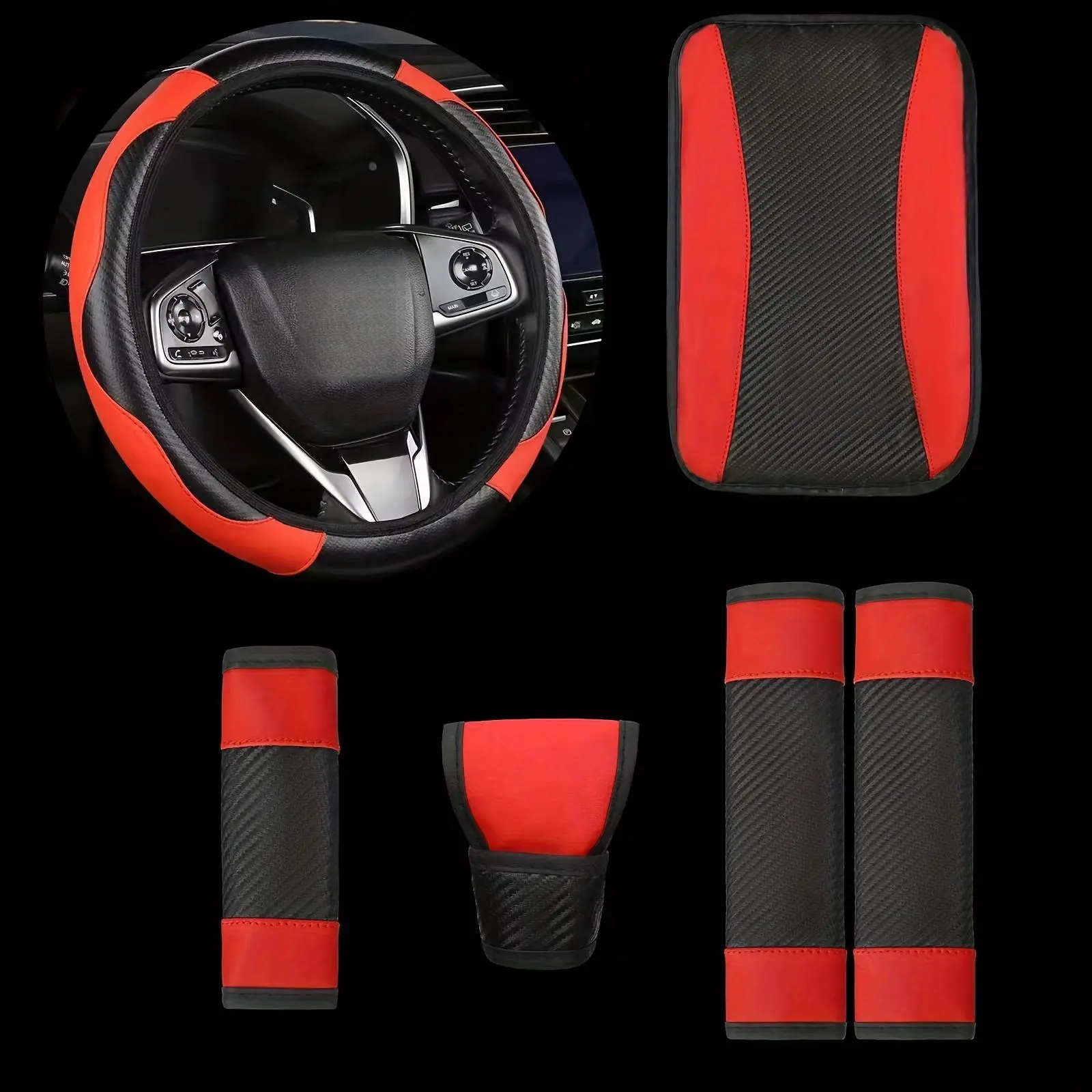 Car Interior Decoration Set, Including Steering Wheel Cover, Handbrake Grip, Armrest Pad, Seat Belt Shoulder Pads, Gear Shift Cover, Car Interior Accessories